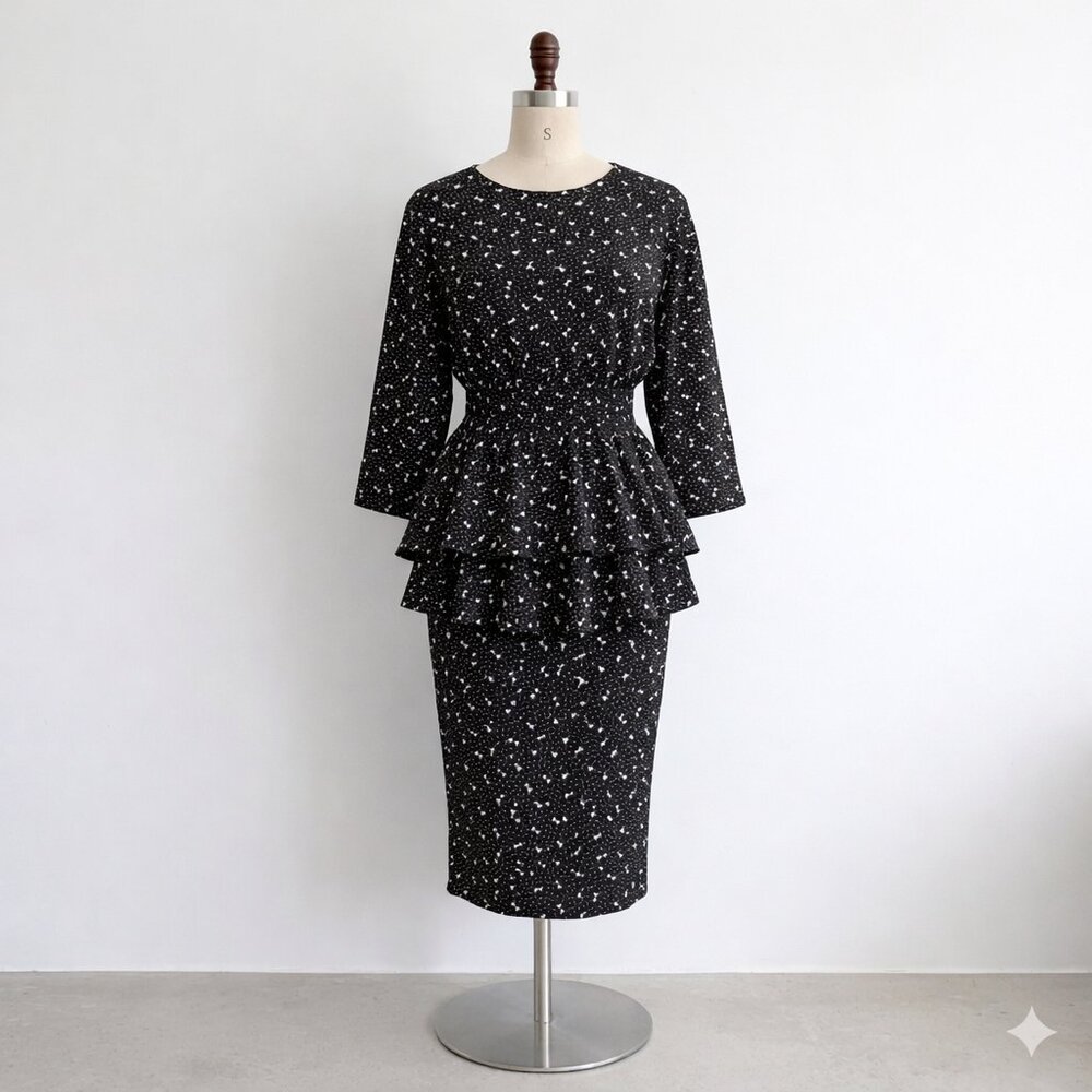 Vintage 80's Secretary Dress Peplum Smocked Waist Pencil Skirt Bows Midi